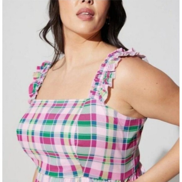 Torrid Plaid Green & Pink Poplin Tiered Ruffle Strap Summer Dress Size 3X - Picture 3 of 9